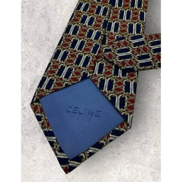 CELINE Silk Tie SPAIN Navy Burgundy Beige Geometric W:3.7 EUC